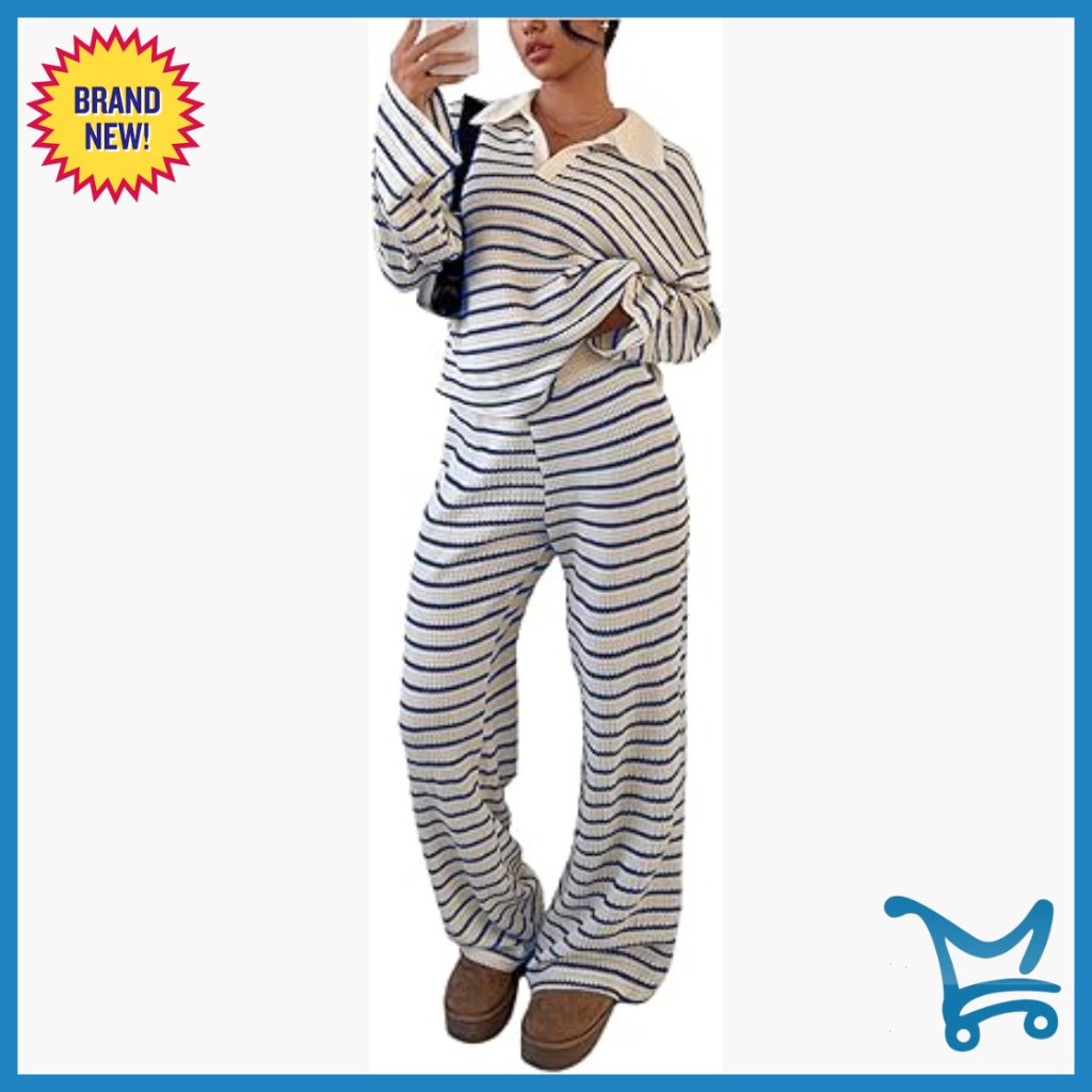 Large Polyester Blend Striped Lounge Set Long Sleeve Travel Outfit
